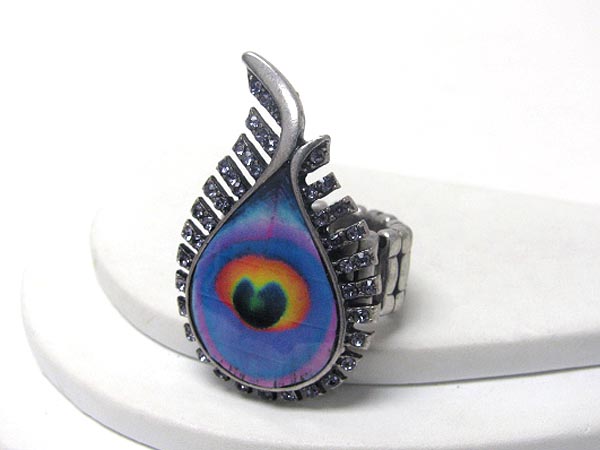 Crystal and peacock feather deco stretch ring