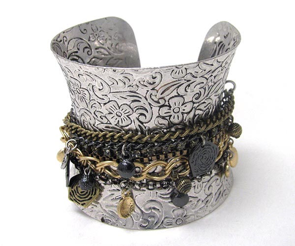 Multi chain wrap and deco wide metal bracelet