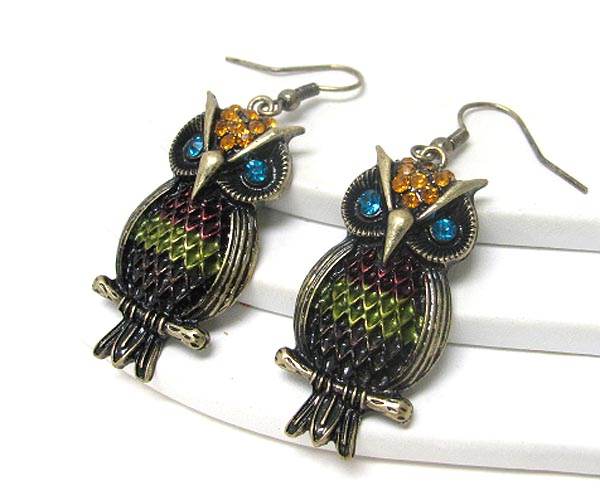 Crystal and colored metal deco owl earring