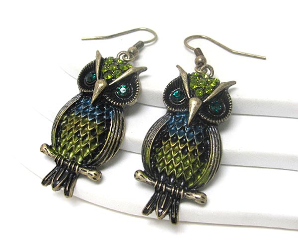 Crystal and colored metal deco owl earring