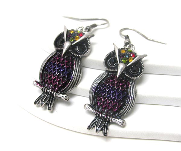 Crystal and colored metal deco owl earring