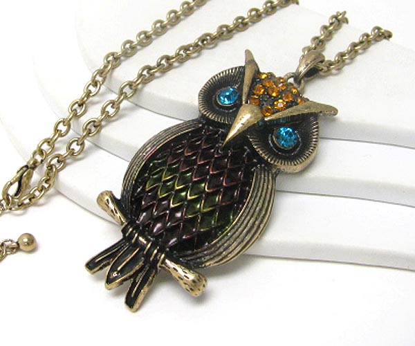 Crystal and colored metal deco owl necklace