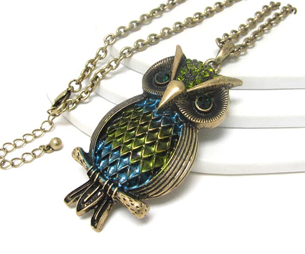 Crystal and colored metal deco owl necklace