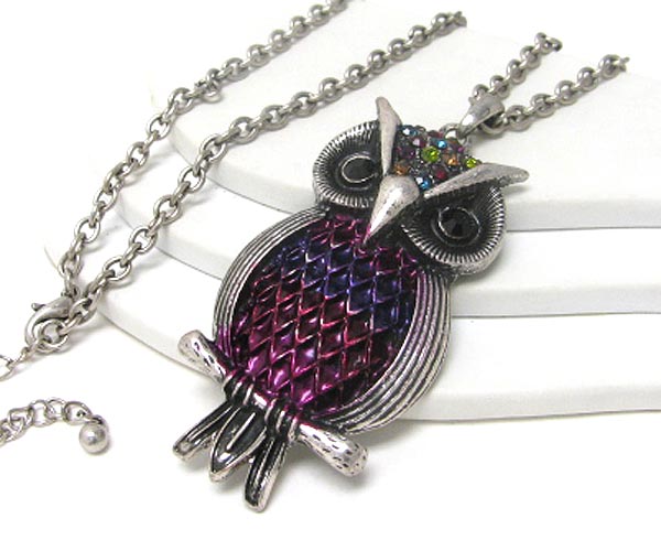 Crystal and colored metal deco owl necklace