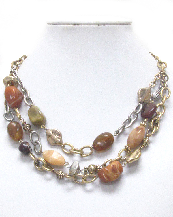 Vintage style 3 layered antique gold chain and natural shape bead necklace