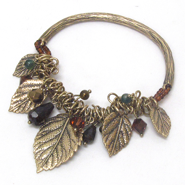 Vintage style multi leaf and acrylic stone dangle stretch bracelet