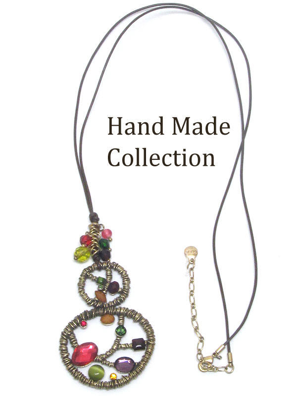 Vintage style multi crystal and facet stone deco wire art double hoop drop pendant necklace