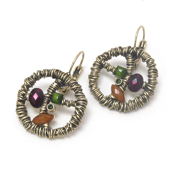 Vintage style multi crystal and facet stone deco wire art hoop earring