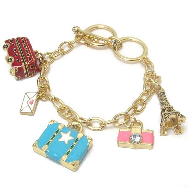 Crystal and epoxy deco travel theme charm toggle bracelet