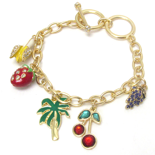 Crystal and epoxy deco tropical fruit theme charm toggle bracelet