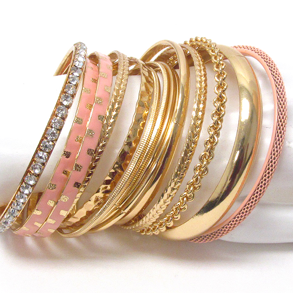 Crystal and epoxy deco multi metal bangle bracelet set of 14