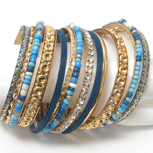 Crystal and epoxy deco multi metal bangle bracelet set of 14