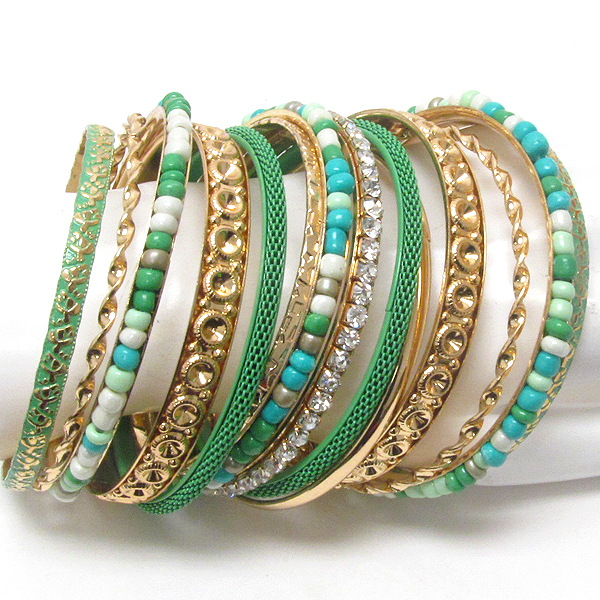 Crystal and epoxy deco multi metal bangle bracelet set of 14