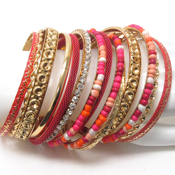 Crystal and epoxy deco multi metal bangle bracelet set of 14