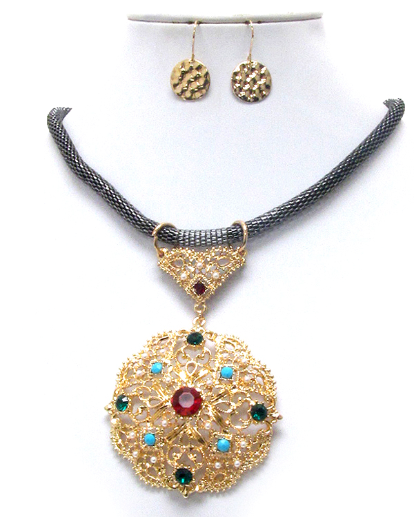 Multi crystal and metal filigree disk pendant and snake chain necklace earring set