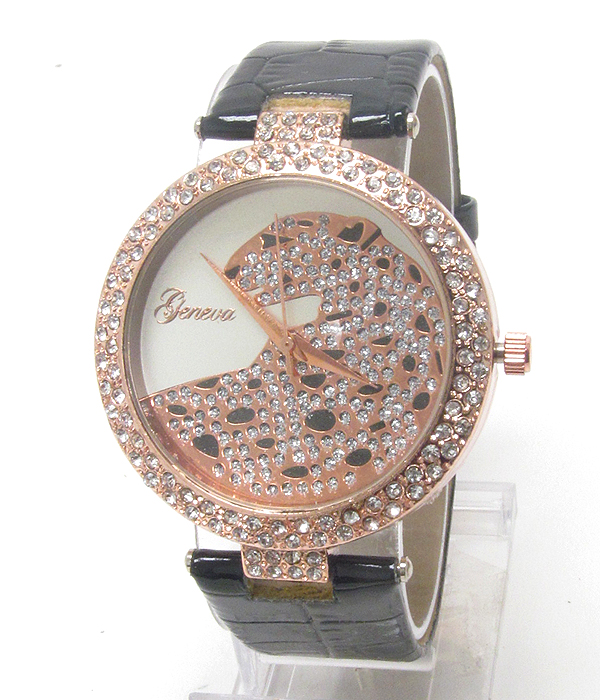 Swarovski crystal deco jaguar face and genuine leather band cartier style watch