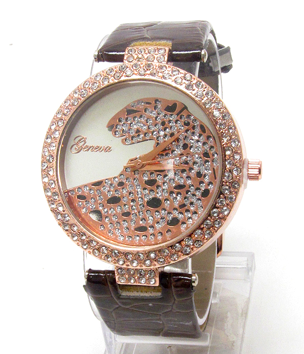 Swarovski crystal deco jaguar face and genuine leather band cartier style watch