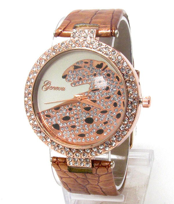 Swarovski crystal deco jaguar face and genuine leather band cartier style watch