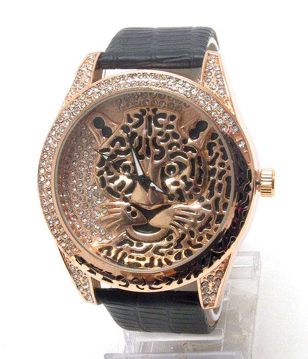 Swarovski crystal deco jaguar face and genuine leather band cartier style watch