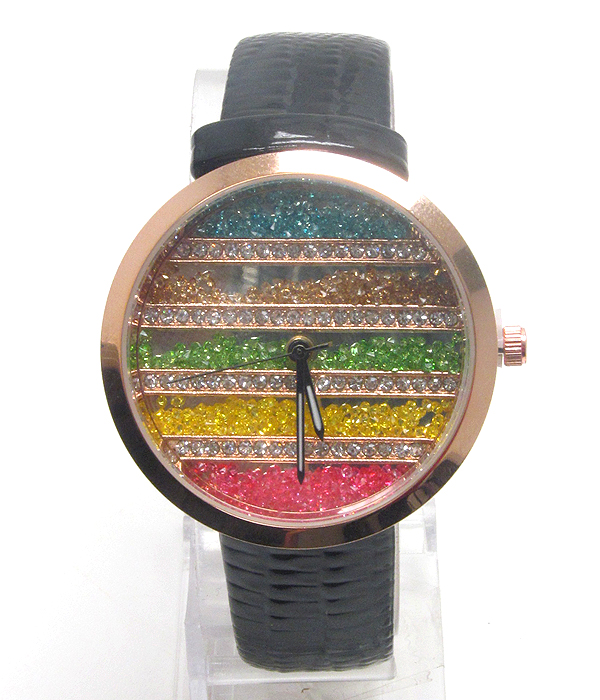 Multi color floating swarovski deco face and genuine leater band watch