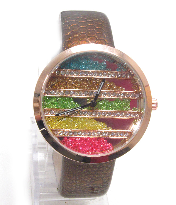 Multi color floating swarovski deco face and genuine leater band watch