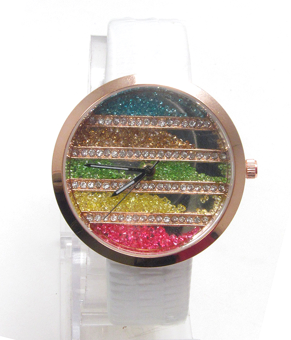 Multi color floating swarovski deco face and genuine leater band watch