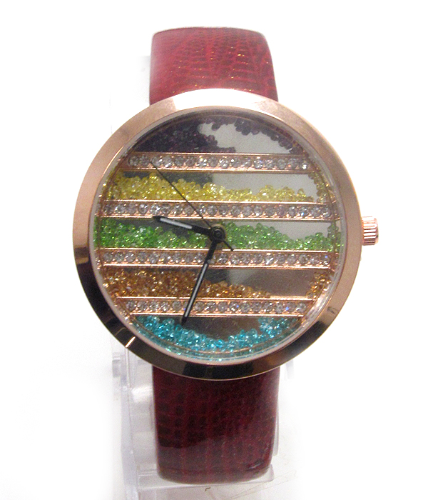 Multi color floating swarovski deco face and genuine leater band watch