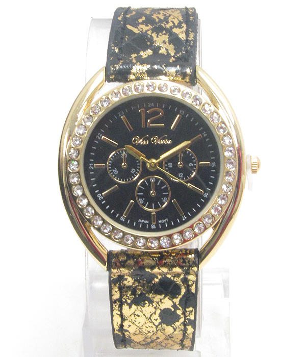 Swarovski crystal deco face and gold leaf genuine leather band watch