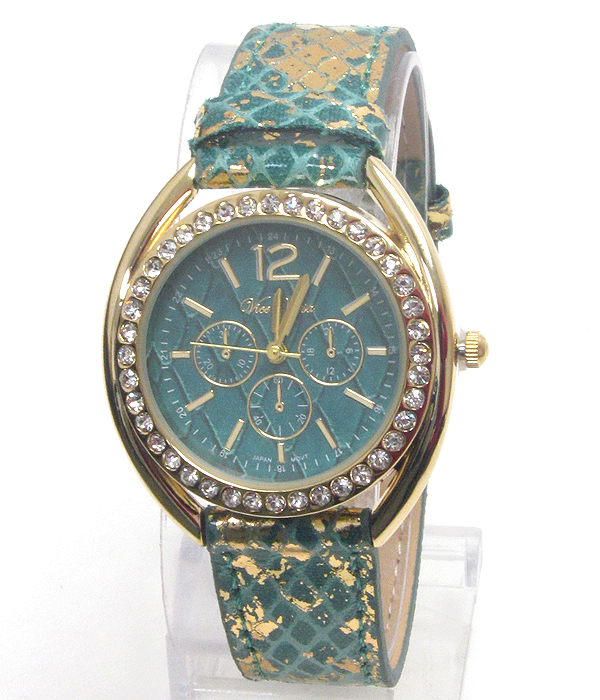 Swarovski crystal deco face and gold leaf genuine leather band watch