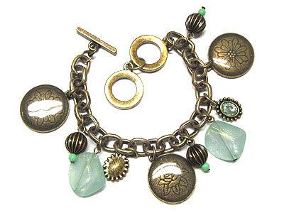 Natural stone and disk charm toggle bracelet