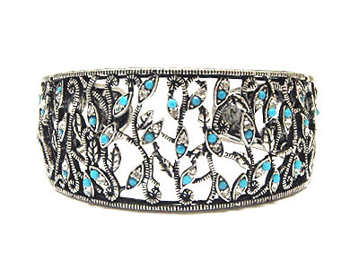 Crystal leaves deco metal cuff bangle bracelet