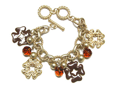 Multi crystal clover charm with glass ball toggle bracelet