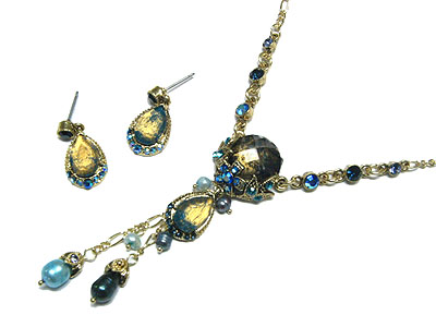 Crystal and epoxy stone y-drop necklace and earring set