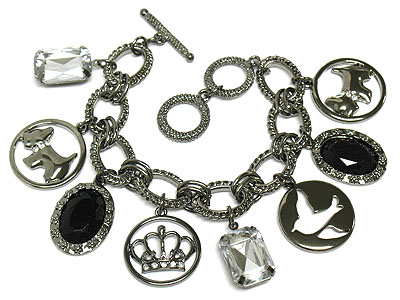 Multi charm dangle bracelet - cat,crown,birds