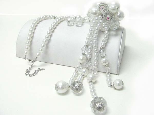 Mixed pearl and glass beads tied drop long necklace earring set