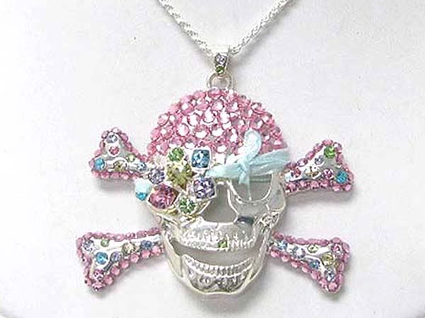 Large crystal stud skull pendant necklace