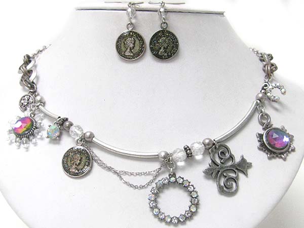 Crystal deco multi charm dand old coin dangle neckalce earring set