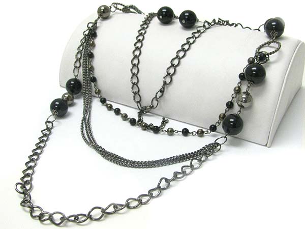 Multi layer mixed ball and chain long necklace earring set