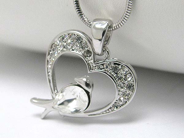 Made in korea whitegold plating crystal stud heart and swallow pendant necklace