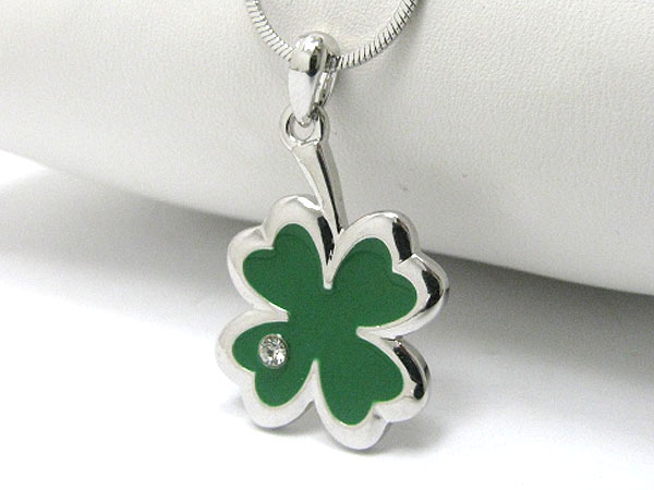 Made in korea whitegold plating epoxy and crystal deco four leaves clover pendant necklace