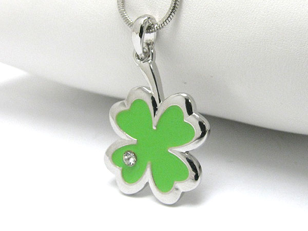 Made in korea whitegold plating epoxy and crystal deco four leaves clover pendant necklace