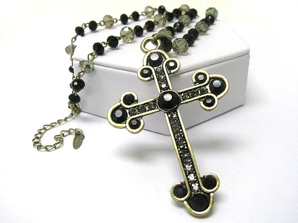 Crystal deco cross pendant and beads chain necklace