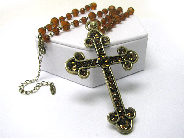 Crystal deco cross pendant and beads chain necklace