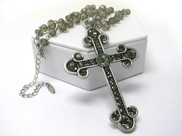 Crystal deco cross pendant and beads chain necklace