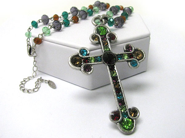 Crystal deco cross pendant and beads chain necklace