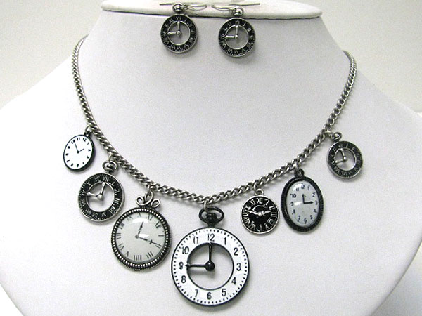 Multi antique clock shape charm dangle necklace earring set