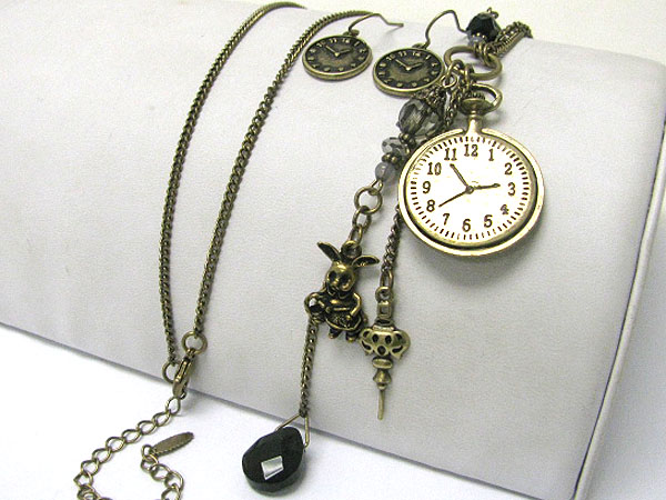 Antique clock shape charm and ther charm dangle long necklace earring set