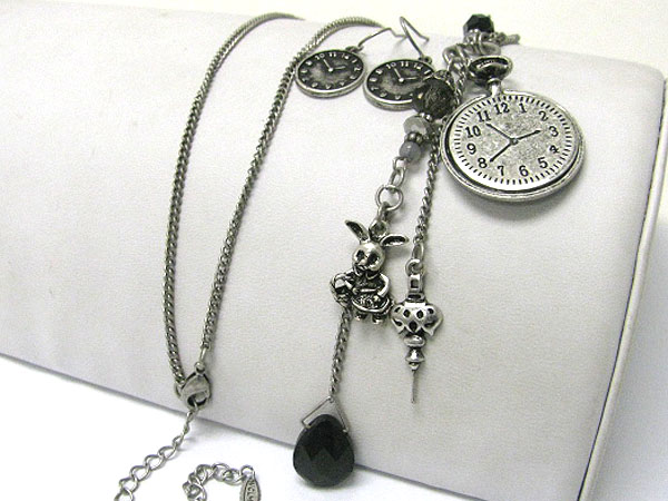 Antique clock shape charm and ther charm dangle long necklace earring set