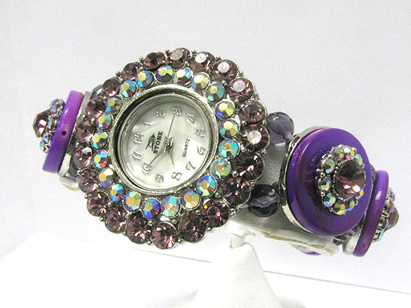 Crystal and acryl round disk stretch band fashion watch