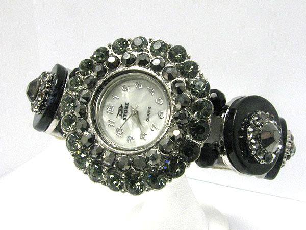 Crystal and acryl round disk stretch band fashion watch